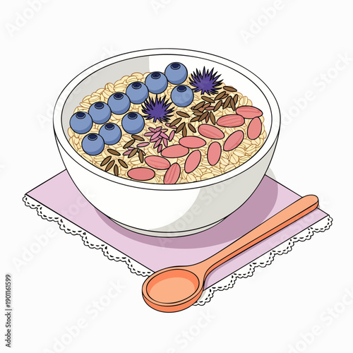 Healthy Oatmeal Bowl with Blueberries, Almonds, and Seeds, Served with a Spoon on a Napkin