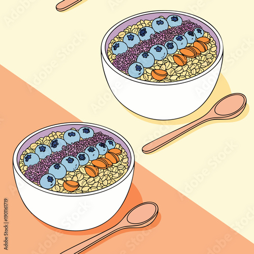 Two delicious bowls of oatmeal with blueberries, almonds, and chia seeds, served with spoons, healthy breakfast illustration