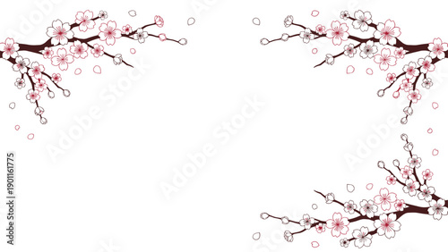 Elegant corner frame composed of delicate cherry blossom branches with soft pink flowers and falling petals, perfect for springtime designs.