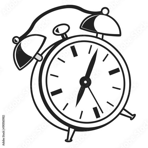 Retro black alarm clock vector illustration isolated on white background showing classic wake up time reminder
