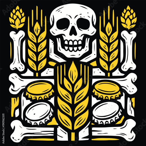 Death Brew Skull, Barley, and Hops Graphic for Craft Beer