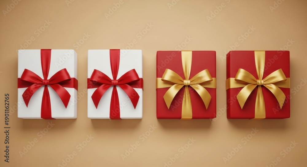Obraz premium Overhead Symmetrical Layout of Red and White Striped Christmas Boxes