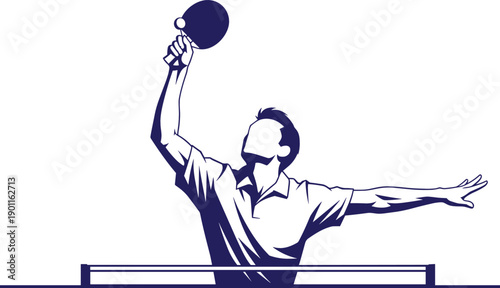 Table tennis player silhouette performing overhead serve or smash isolated on white background for ping pong sports design