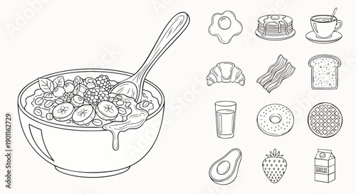 Healthy breakfast oatmeal bowl with fresh fruit in detailed line art, accompanied by a variety of morning food icons including eggs, pancakes, and coffee.