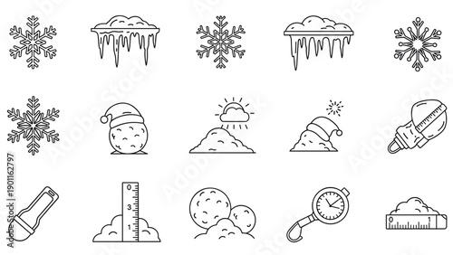 Comprehensive collection of winter and snow-related line icons, including snowflakes, icicles, snowballs, and tools for measuring snow, depicting cold weather.
