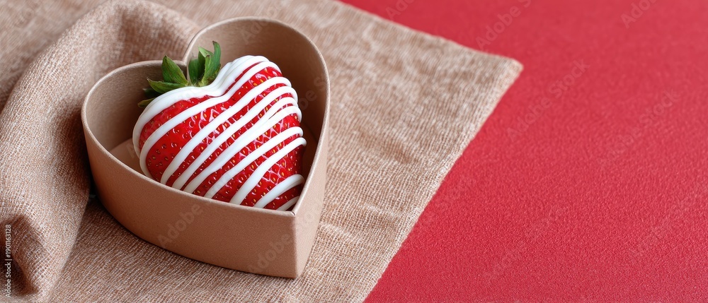 Obraz premium Strawberry covered in white chocolate and striped with red inside heart-shaped box on simple background from top view during daylight