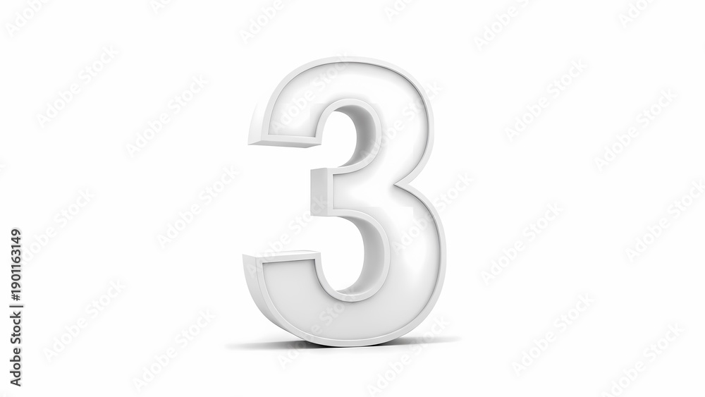 Fototapeta premium 3D White Number Three Isolated on Clean White Background