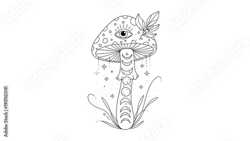 Intricate line art illustration of a mystical mushroom, adorned with an all-seeing eye, moon phases, and delicate leaves, invoking a spiritual and magical theme.