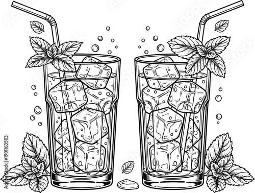 Vintage hand drawn etched illustration of two refreshing iced cocktails with straws and mint leaves isolated on white background