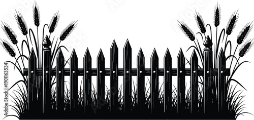 Vintage hand drawn etched illustration of a rustic wooden garden fence with wheat stalks and grass silhouettes