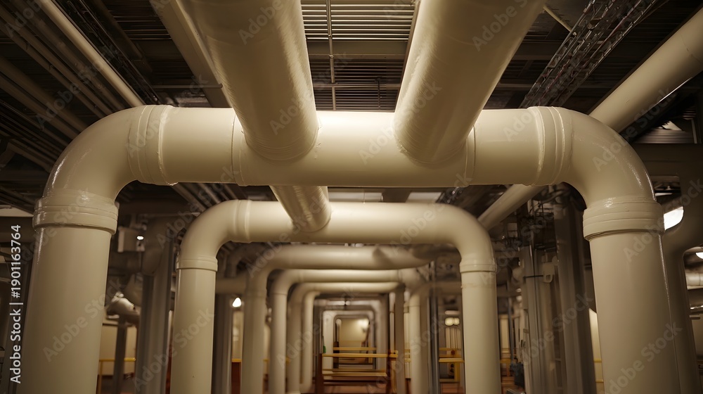 Obraz premium A sophisticated arrangement of large white industrial pipes forms a complex network within a sterile mechanical room environment