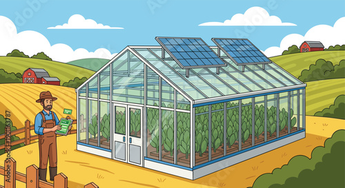 Smart, greenhouse, farming, solar, energy, agriculture, sustainable, technology, farmer, rural, landscape, eco, food, production, renewable, modern, illustration, clean, design, vector