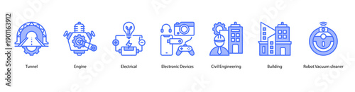Applied Engineering Technology web banner icon vector illustration featuring Tunnel, Engine, Electrical, Electronic Devices, Civil Engineering, Building, and Robot Vacuum Cleaner.