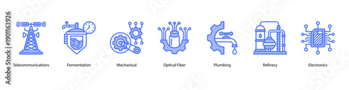 Industrial Communication and Processing web banner icon vector illustration featuring Telecommunications, Fermentation, Mechanical, Optical Fiber, Plumbing, Refinery, and Electronics.