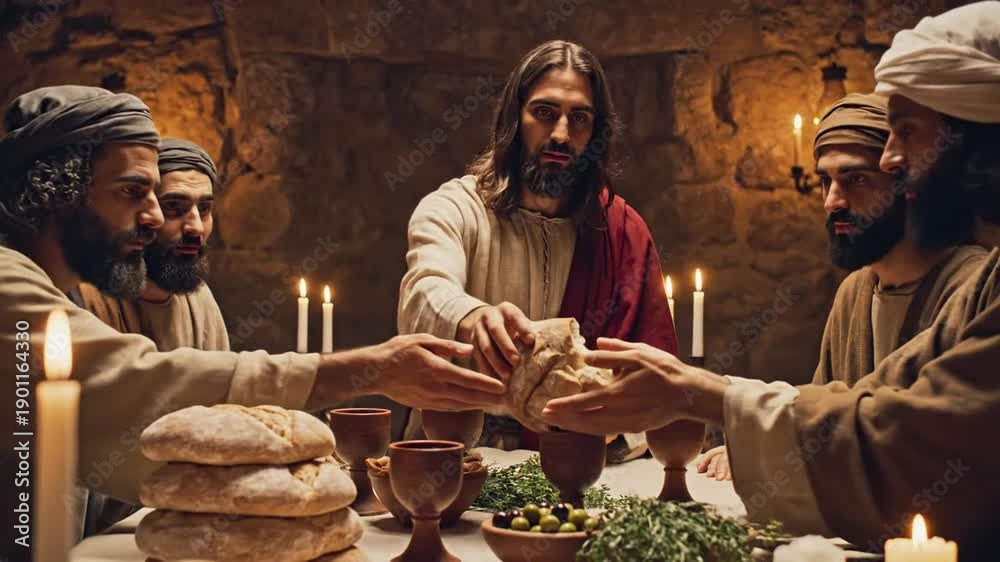 Jesus Ritual Cinematic slow-motion depiction of Jesus Christ sharing bread with ...