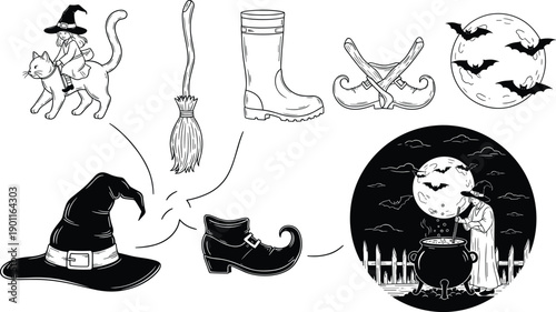 Witch Halloween illustration set, magic broom boots hat, flying bats moon, cauldron spell scene, spooky fantasy black and white vector