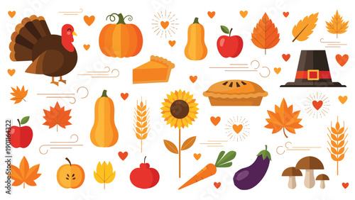 Extensive collection of vibrant Thanksgiving and autumn themed elements, including a happy turkey, pumpkins, pie, pilgrim hat, and colorful fall leaves.