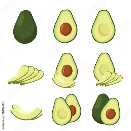 Avocado Fruit Set with Halves and Slices – Fresh Avocado Flat Vector Illustration