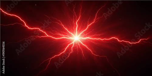 A glowing blue plasma flash of electric energy creates a fractal pattern across the dark night sky with shining stars and motion-blurred lightning art