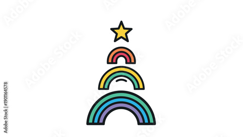 Unique and colorful illustration of a Christmas tree creatively formed by stacking multiple vibrant rainbows, topped with a cheerful star.