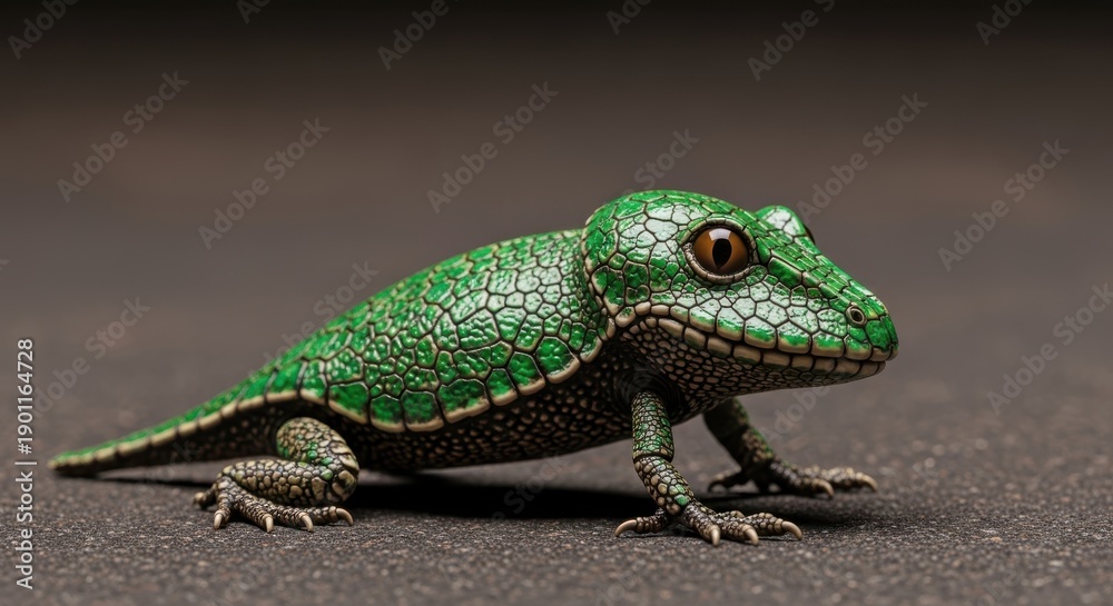 Fototapeta premium A small green lizard standing on a dark gray surface with its head turned to the right.