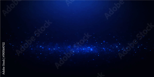 A glowing blue abstract background features a dark galaxy space design with shimmering stars, motion particles, and light rays looping through the deep night sky universe