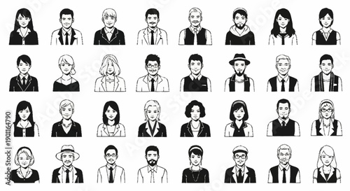 Collection of Diverse People Portraits Hand Drawn Style.