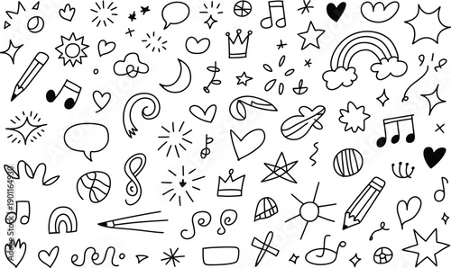 A playful collection of hand drawn doodles featuring hearts stars rainbows and various whimsical shapes