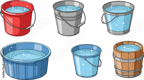 Water Bucket And Wooden Tub Collection With Sparkling Liquid Filled Containers In Clean Cartoon Vector Illustration
