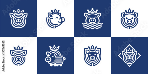 Icon Set Vector of 8 Royal Pig Swine Head Mascots