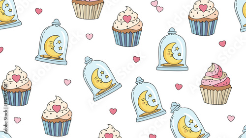 Enchanting seamless pattern featuring celestial elements like sleeping moons under bell jars, sweet cupcakes, and charming hearts, perfect for delightful designs.