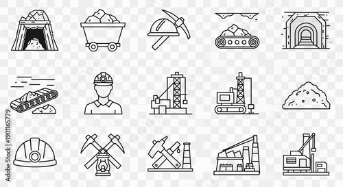 A comprehensive set of line icons representing real estate, property management, smart home technology, and urban development concepts.