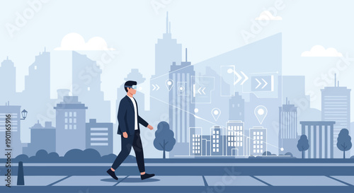 Man walking in smart city using augmented reality navigation headset.
