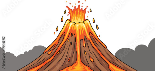 Cartoon illustration of volcanic eruption with bright lava, ash clouds, and explosive energy, perfect for geology education, natural disaster themes, and creative design projects