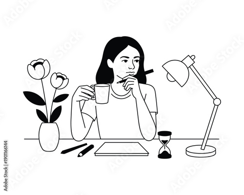 A thoughtful young woman holds a cup while contemplating her work at a desk with flowers and a lamp