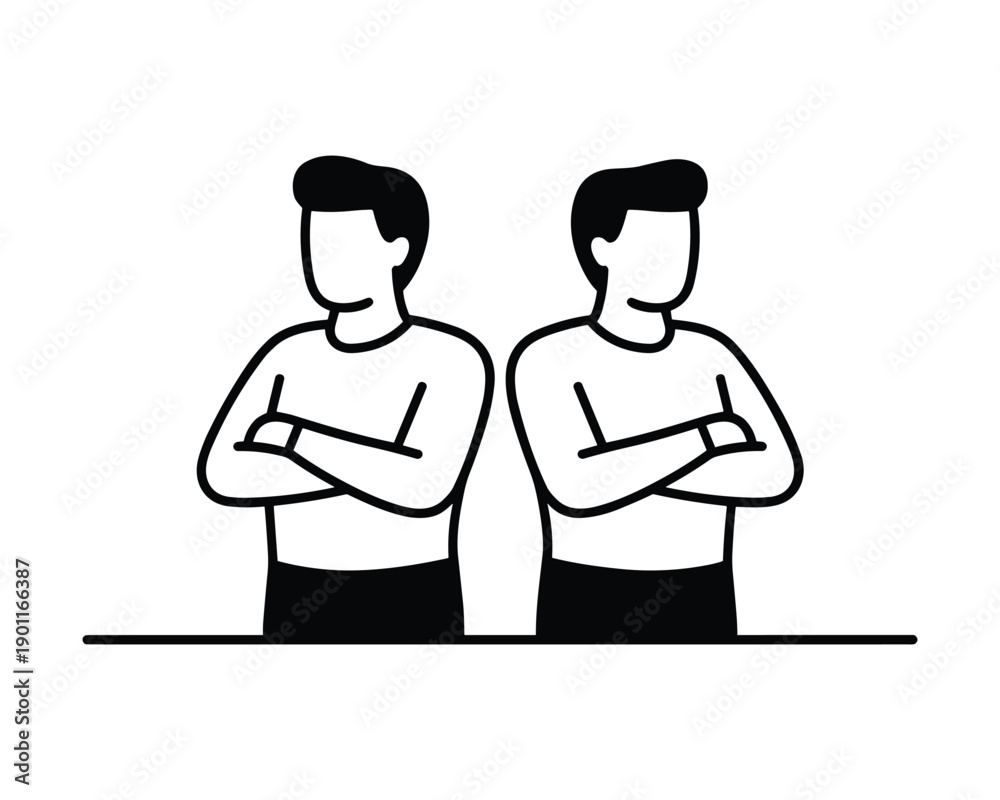 Obraz premium Two minimalist male figures standing back to back with arms crossed isolated on white