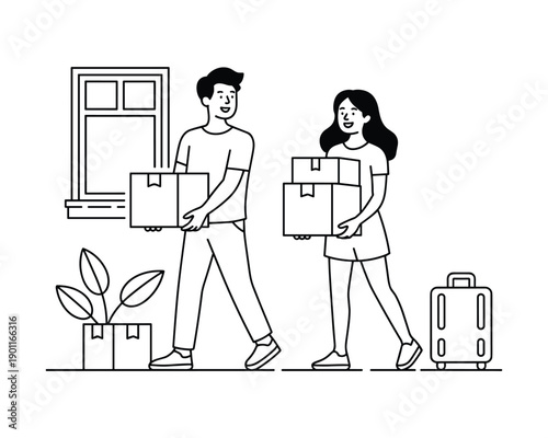Couple carrying moving boxes and suitcase symbolizing relocation and new beginnings together
