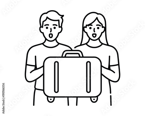 Surprised couple holding a suitcase ready for a journey together