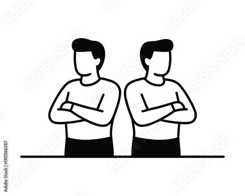Two minimalist male figures standing back to back with arms crossed isolated on white