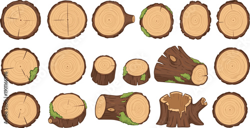 Wood Log And Tree Stump Set With Mossy Bark And Cross Section Rings In Cartoon Vector Illustration