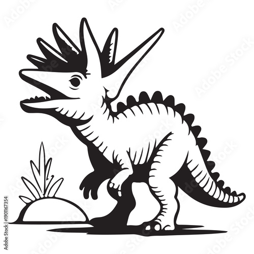 Cute Cartoon Dinosaur Black and White Illustration