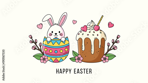 Delightful Easter greeting illustration featuring a cute bunny peeking from a colorful egg, a festive Easter cake, and spring flowers.