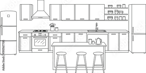 Modern Kitchen Interior Line Art Illustration With Cabinets Island Counter Stools Appliances And Shelving In Outline Vector Style