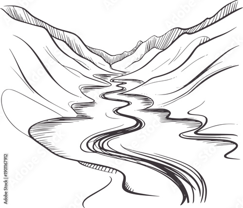 Minimalist black and ink of winding river through mountainous terrain