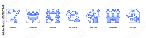 Job and Career Growth web banner icon vector illustration featuring Applicant, Screening, Selection, Job Referral, Career Path, Career Fair, and Employer.