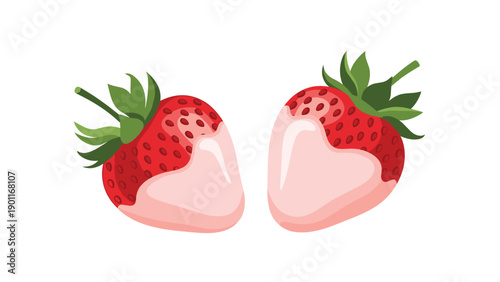Two vibrant red strawberries elegantly dipped in creamy pink chocolate, forming a delightful heart shape, ideal for romantic treats.
