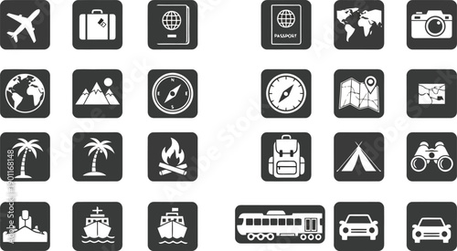 Travel Icons Set: A comprehensive collection of travel icons, perfect for illustrating the essence of journey and exploration, capturing the adventure of travel.