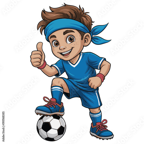 Cartoon Boy Soccer Player Illustration with Ball and Thumbs-Up