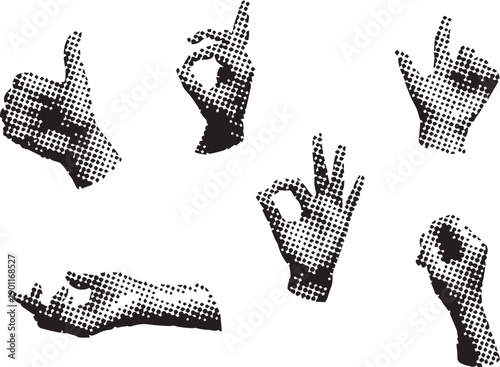 Retro halftone collage elements. Human hand in halftone texture, dotted pop art style.