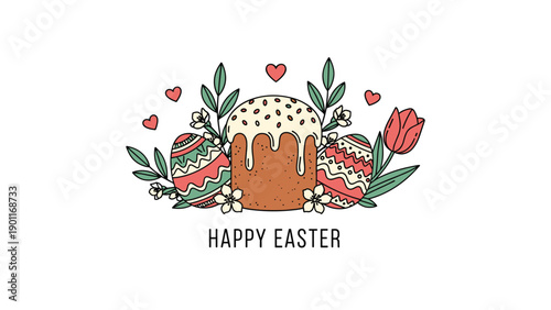 Festive Happy Easter illustration featuring a traditional Easter cake, beautifully decorated eggs, vibrant tulips, and charming hearts with green leaves.